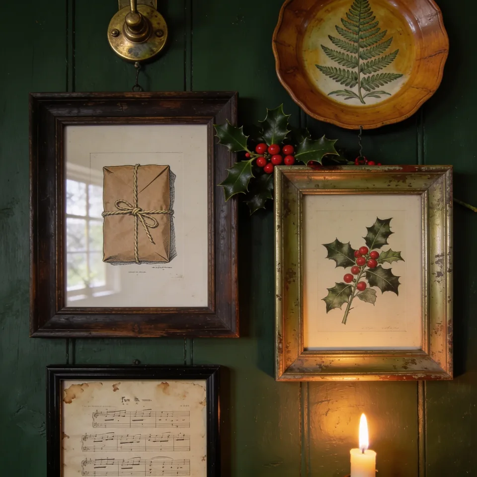 A close view of the same deep green painted panelled wall by candlelight: an etched print of a brown-paper parcel tied with twine in a dark oak frame hanging beside a printed holly sprig in a softly worn gilt-brass frame, a page of foxed old sheet music in a narrow black frame below them, a real holly sprig with red berries tucked behind the gilt frame's top edge, a hand-painted fern plate in honey-toned wood hanging above them unchanged, an aged brass wall hook carrying one of the cords, and the warm glow of a taper coming from below