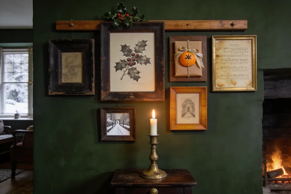 A deep green cottage sitting room wall in December candlelight, hung with a loose cluster of small framed prints in worn dark wood, honey oak and one softened brass frame: an etched holly sprig heavy with berries, a brown-paper parcel tied with twine with a clove-studded orange on a ribbon at its centre, a page of old sheet music gone the color of tea in a worn gilt frame, and a small engraving of a snowy lane, a narrow wooden picture rail running above them with cords dropping from its hooks and a sprig of real holly resting on the rail above the largest frame, one lit ivory taper in an aged brass candlestick on the small dark wood table below, a snowy window at the left and a fire burning in the hearth at the right