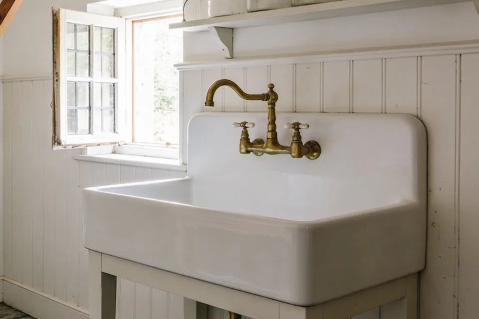 White painted beaded boards running up to a narrow moulded ledge in a small cottage laundry room, a deep white sink with a tall back on a white wooden stand, an old brass bridge tap with white cross handles rising from the sink's back, a small paned window open to the left, and a white painted shelf on a bracket higher up the wall