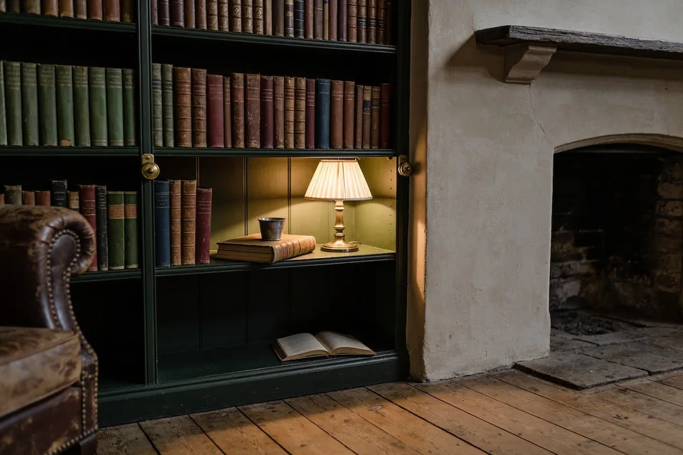 A cottage sitting room in the evening, with a built-in bookcase painted deep green-black beside a plastered chimney breast and an open stone fireplace, rows of old leather and cloth-bound books in faded green, red, brown and navy on the upper shelves, a small brass lamp with a pleated cream shade lit on a middle shelf beside one old book lying flat with a pewter cup on it, an open book left on the empty shelf below, the worn arm of a brown leather chesterfield at the left edge, and wide worn floorboards across the front