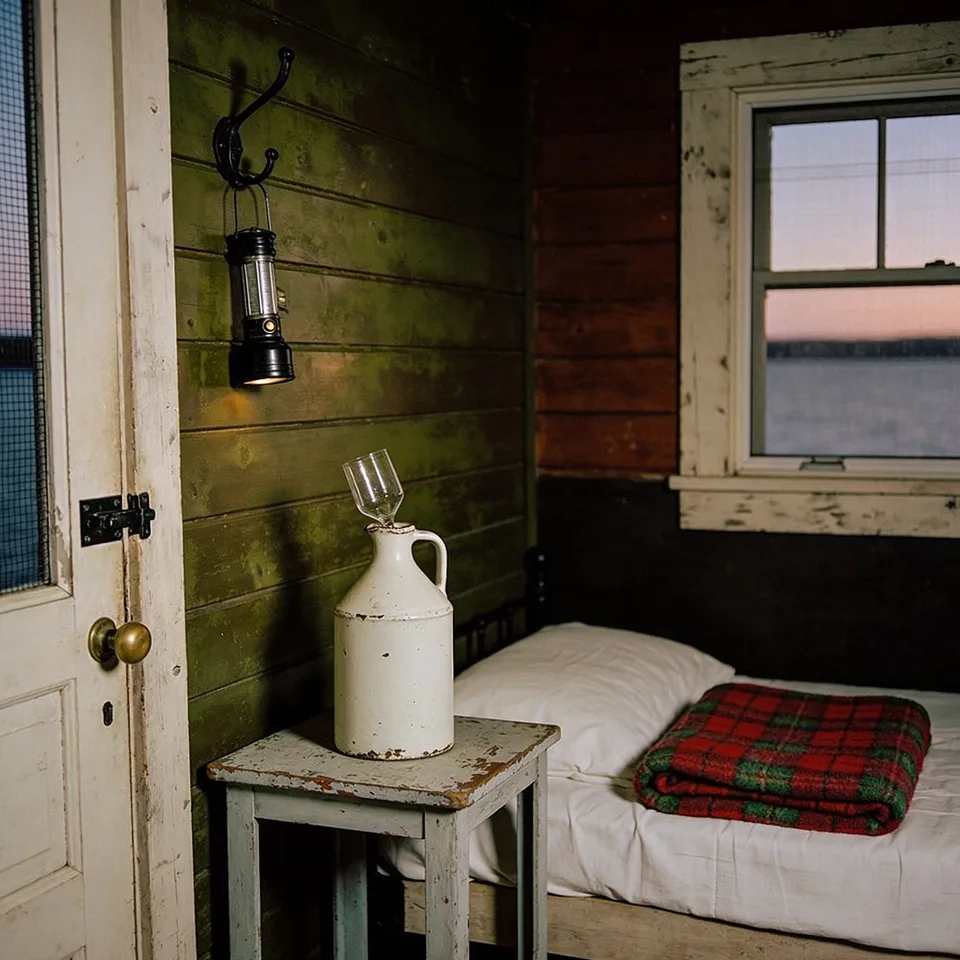 Inside the bunkie at dusk, a battery lantern hanging from a black iron double hook on the green-painted board wall beside a white screen door with a brass knob and an iron latch, a chipped cream stoneware jug with a stemmed glass turned upside down over its neck on a small chipped painted table, and a bed made up in white with a red and green plaid wool blanket folded at its foot, under a sash window with the lake and a pink dusk sky beyond it