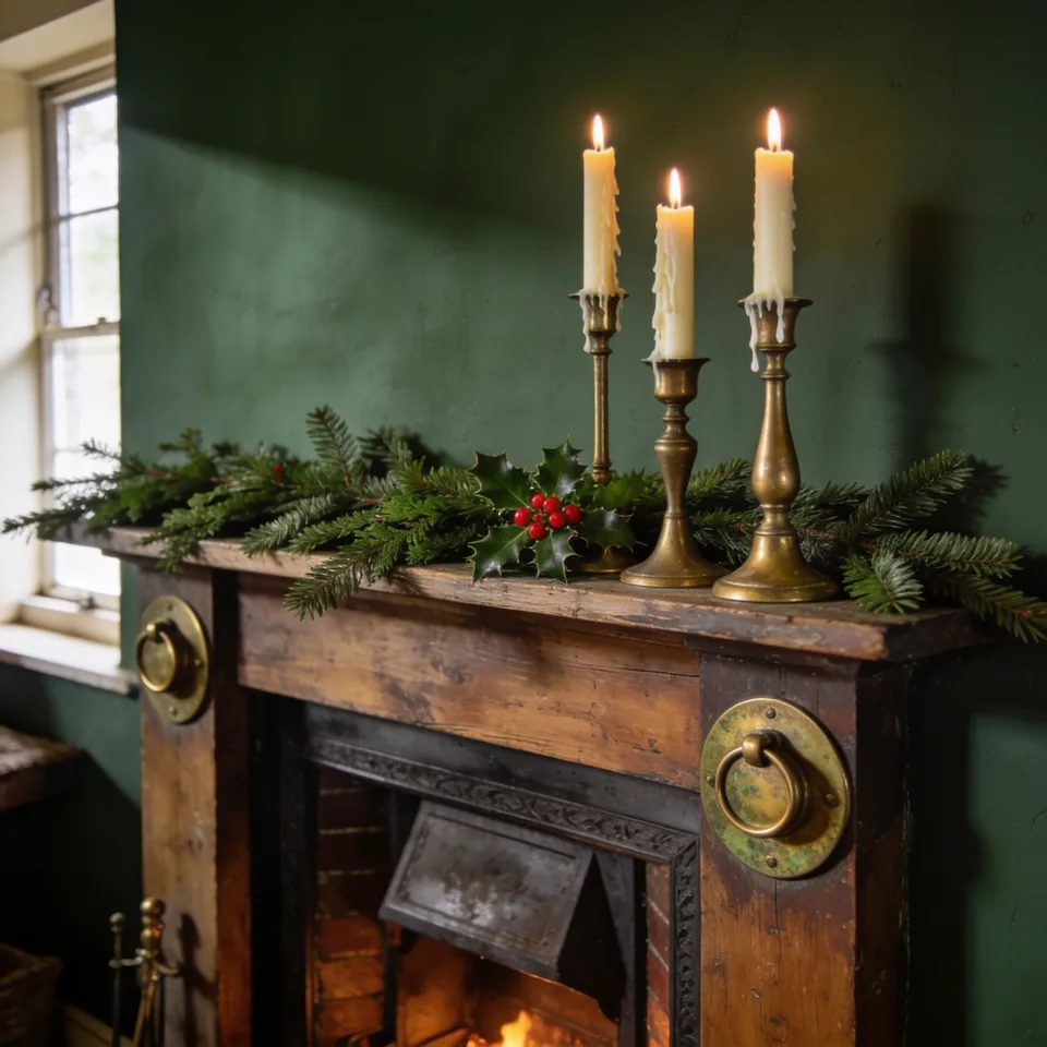 A wooden cottage mantel dressed for December — fresh fir and cedar laid flat along the shelf, three brass candlesticks carrying lit ivory tapers with wax run down their stems, holly with red berries among the green, the fire lit in the iron grate beneath and winter light falling from the window at left