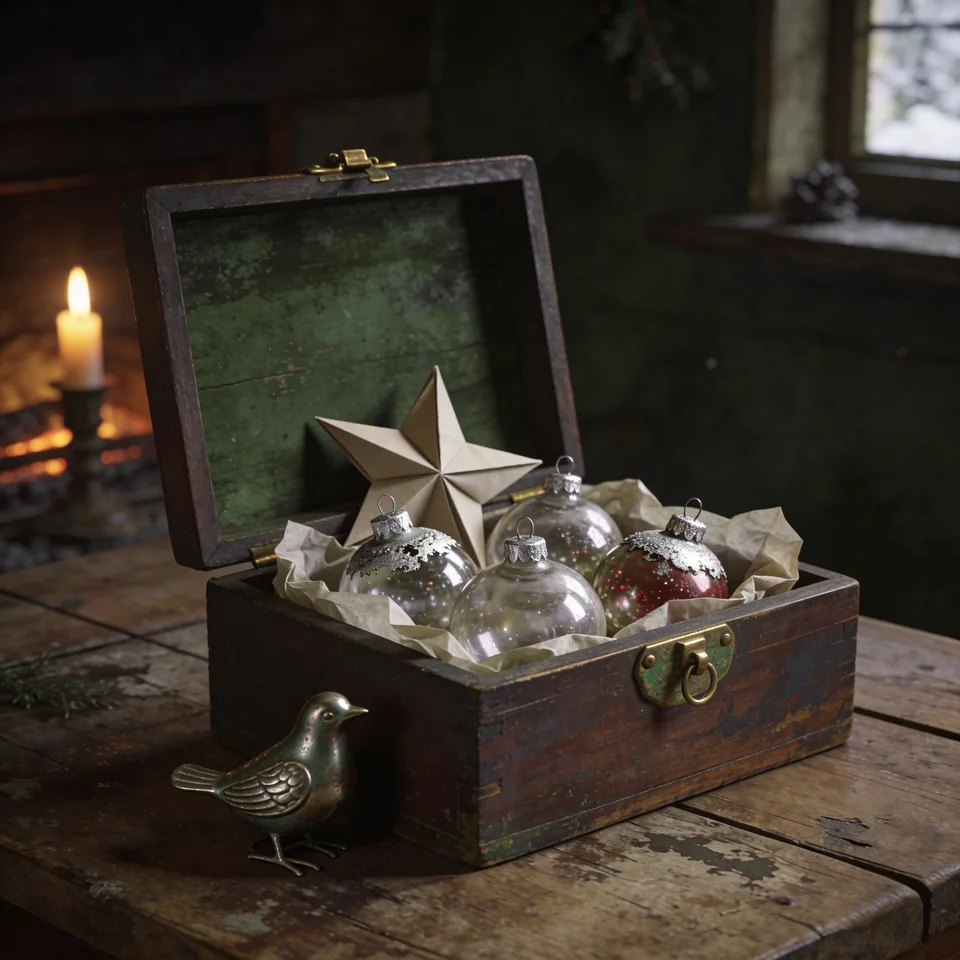 An opened wooden box of Christmas ornaments on a worn plank table — glass baubles with silvered lace caps, one red, nested in softened tissue around a folded paper star, a small tin bird standing on the table beside the box, a lit candle and the hearth glowing behind