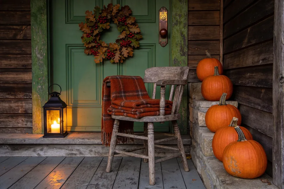 A cottage porch at dusk — a green-painted front door with a brass backplate and a handle worn dark, a wreath of oak leaves and red berries, a weathered wooden chair draped with a rust plaid wool blanket, a lit black metal candle lantern by the door, and unmatched real pumpkins staggered up the stone steps in low amber light