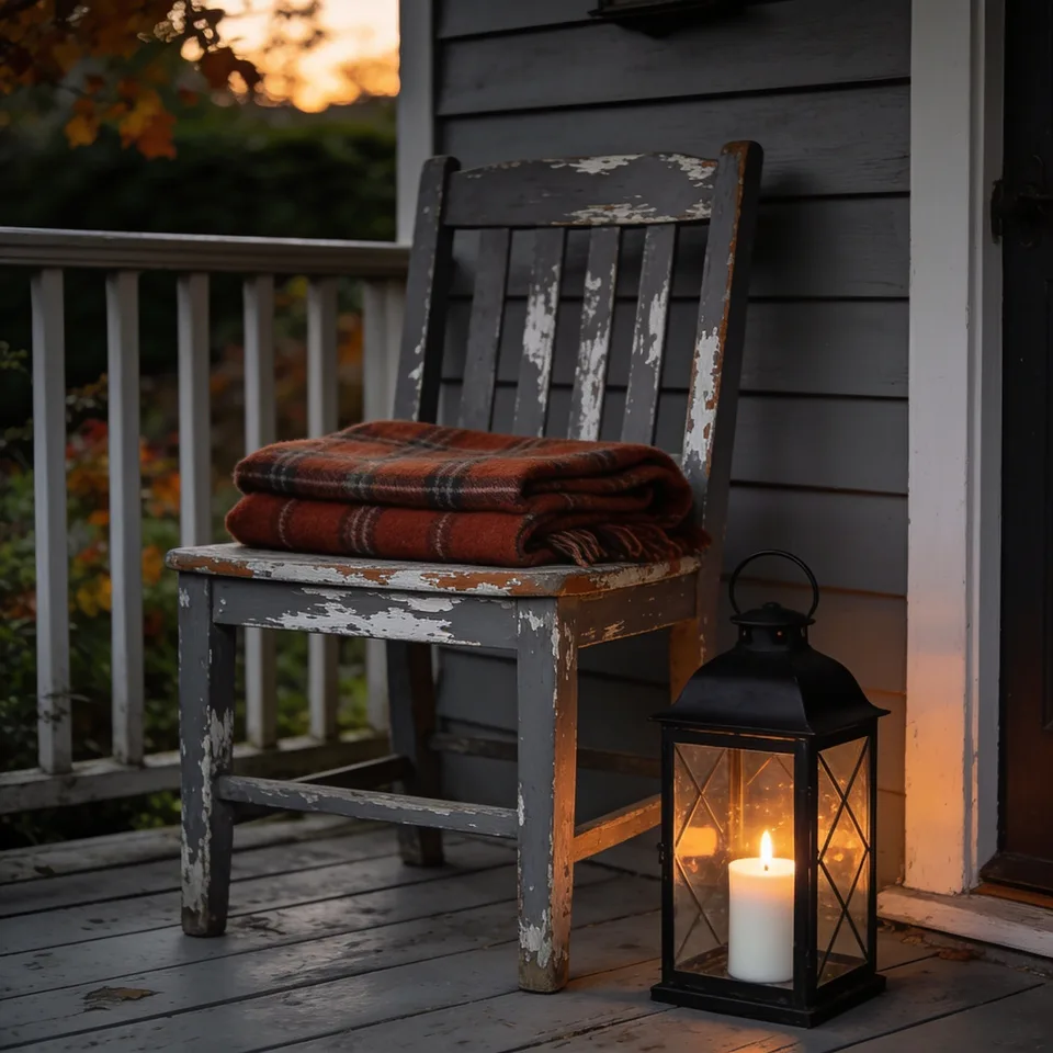 A gray-painted porch chair gone chalky at the edges holding a folded rust plaid wool blanket, a lit black metal lantern with a single white candle beside it on worn gray boards in the last of the evening light