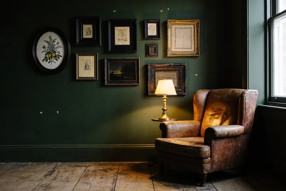 A deep green painted sitting room wall holding a loose cluster of nine mismatched old frames: a black oval frame around a coloured botanical print of blue flowers and yellow fruit, small engravings of a building, a tree and a seated figure in black and worn gilt frames, a small dark oil landscape, a faded cross-stitch sampler with a red border in an ornate gilt frame, and a larger dark frame behind a lit brass table lamp with a cream shade on a small round side table, beside a worn brown leather wing armchair, a tall sash window and wide worn floorboards