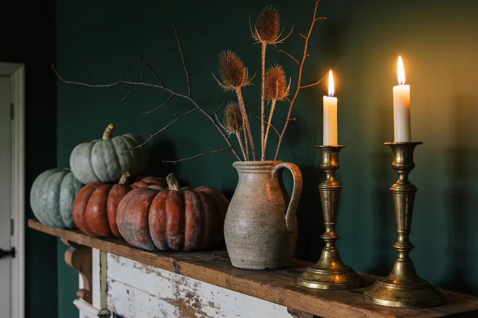 A lived-in cottage mantel kept for October, uncarved heirloom pumpkins in sage and rust clustered at one end, a stoneware jug of dried teasel and bare branches, two old brass candlesticks with lit tapers, the deep green wall behind going soft in low evening light