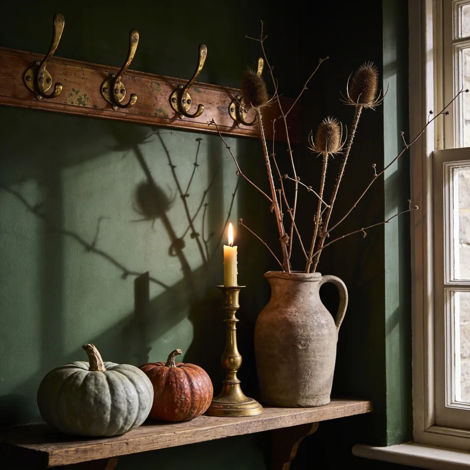 A stoneware jug of dried teasel and bare branches beside a lit brass candlestick, long crooked shadows thrown up a deep green cottage wall, two uncarved sage and rust pumpkins on the wooden shelf below