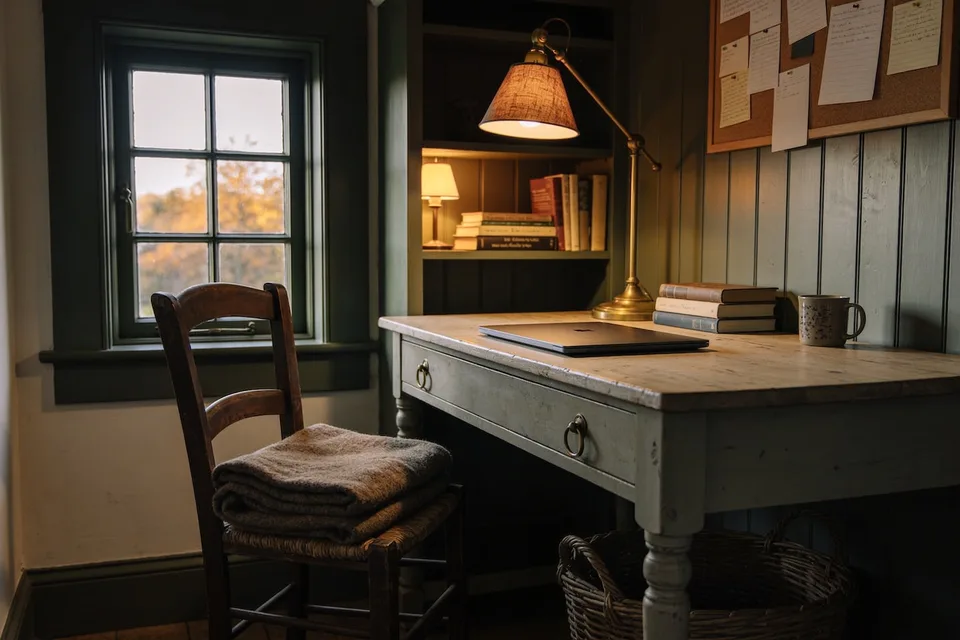 A small cottage home office on a late autumn afternoon, with a painted grey-green writing table standing side-on to a small paned window, a closed laptop and a mug on its worn wooden top, a brass desk lamp with a fabric shade switched on, a second small lamp glowing on a bookshelf behind, sage tongue-and-groove boards on the wall with a cork board of pinned paper notes, an old wooden chair with a folded brown wool blanket on its rush seat, and a wicker basket under the table, with autumn trees in fading light outside the window