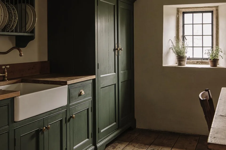 A cottage kitchen in soft daylight with dark green painted cupboards, drawers and a tall two-door larder cupboard, small brass knobs and cup pulls, a white sink set into a wooden worktop with a brass tap, plates standing in a dark green rack on the wall above, warm off-white walls, a small deep-set window with stone sides and potted herbs on the sill, wide old floorboards, and the end of a scrubbed wooden table with a chair at the right