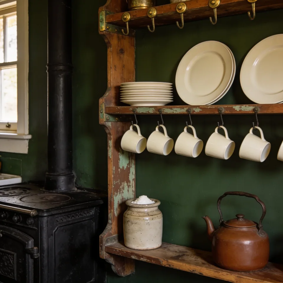 Open aged-oak shelves on a deep moss wall beside a black cast-iron stove — cream plates stacked and leaning, mugs hanging from hooks, a stoneware salt crock and brown teapot on the shelf below