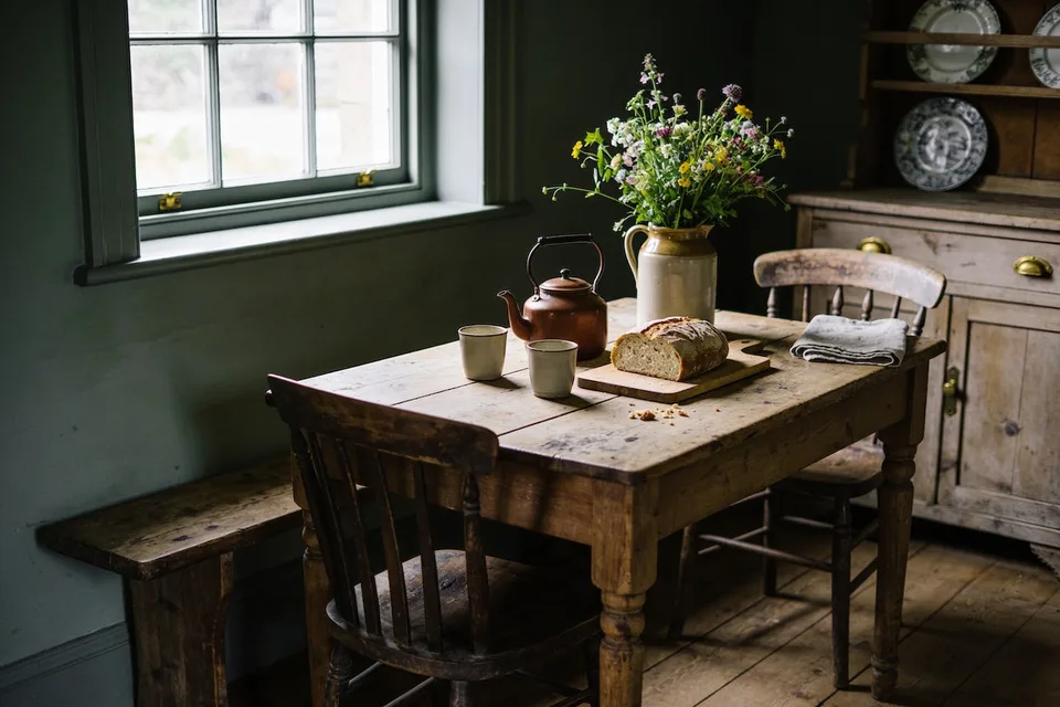 A worn scrubbed pine kitchen table with turned legs under a green-framed sash window, a spindle-back wooden chair at each end and a low wooden bench against a deep green wall, and on the table a copper kettle, two plain cream cups, a round loaf on a bread board with a few crumbs beside it, a cream and brown stoneware jug of wildflowers and a folded linen cloth, with an old pine dresser holding blue and white plates behind, on bare floorboards