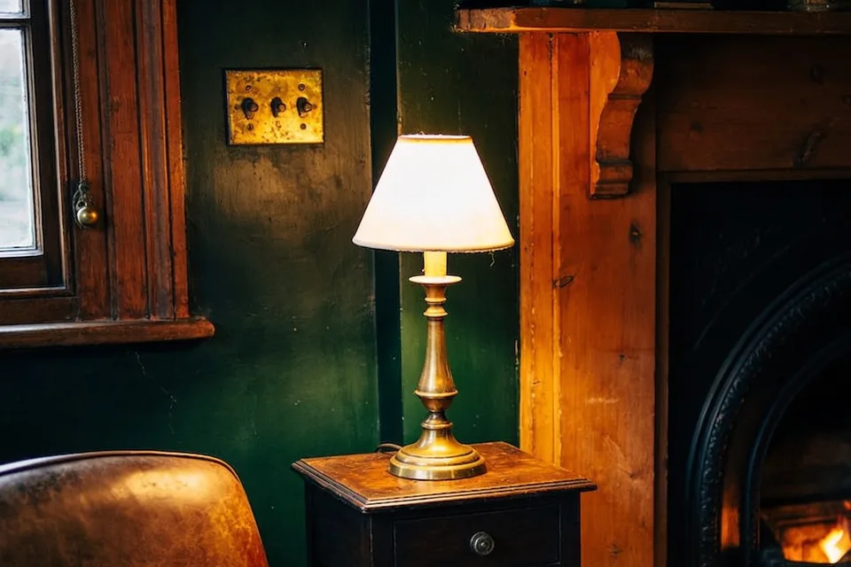 A brass table lamp with a plain cream shade lit on a small dark wooden side table with one drawer and a round brass knob, standing against a deep green painted wall, an old brass plate of three toggle light switches on the wall above it, the wooden frame of a sash window on the left, a pine fire surround with a carved bracket on the right and a fire burning low in a black iron grate, and the curved top of a worn brown leather armchair in the bottom left corner