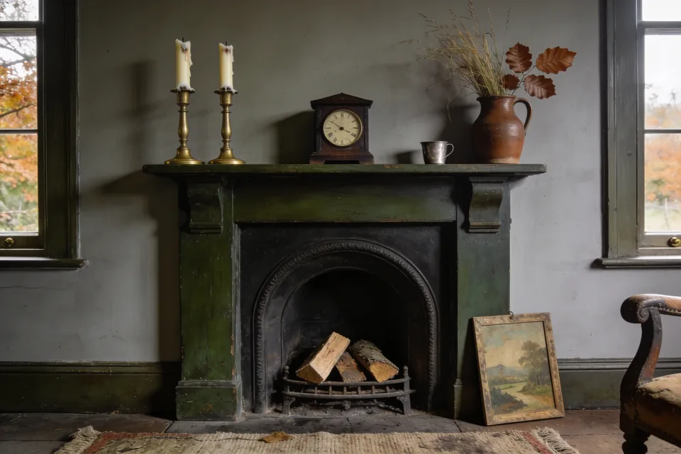 A painted green wooden cottage mantel against a grey wall on an autumn afternoon, with two brass candlesticks holding ivory candles with run wax at the left end, a small dark wooden mantel clock in the middle, a little pewter cup, and a brown stoneware jug of dried grasses and copper beech leaves at the right end, split logs in an iron basket in the unlit grate below, an old landscape painting in a gilt frame leaning against the fireplace on the floor, a worn fringed rug in front, the carved arm of an old chair at the edge, and autumn trees through paned windows on both sides