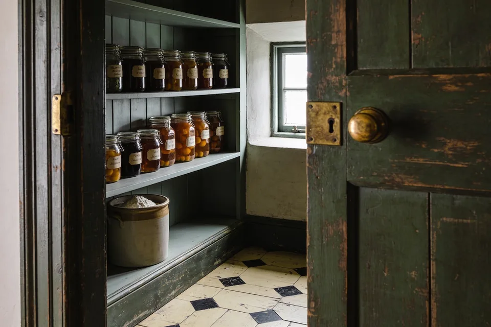 A small cottage pantry seen past its worn green plank door with a round brass knob — sage-painted shelves lined one jar deep with hand-labeled quarts of amber preserves, a stoneware crock of flour on the bottom shelf, and a pale cream floor set with small black diamonds under a bright little window