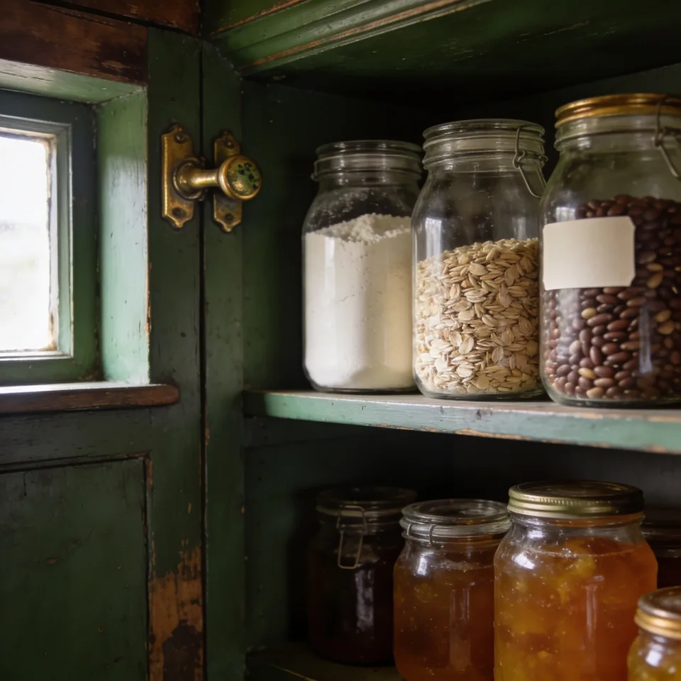 Glass jars of flour, oats, and dried beans standing one jar deep on a chipped green pantry shelf, quarts of amber preserves on the shelf below, beside a small window with a worn brass latch