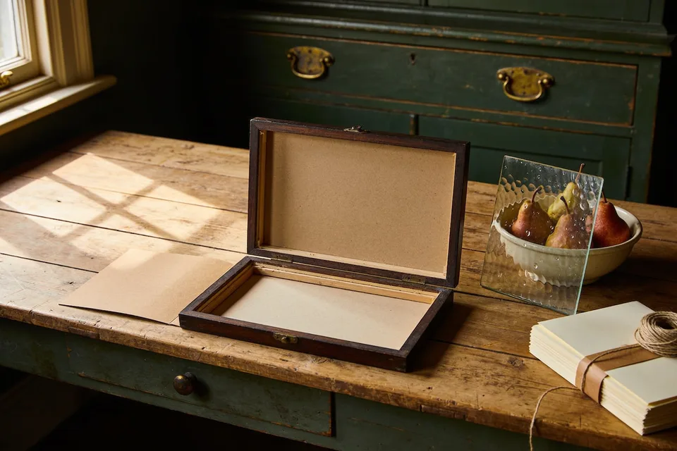 A scrubbed pine kitchen table in low window light: an old dark frame lying open and empty with its kraft backing board lifted into the lid, a freshly washed pane of wavy glass still beaded with water propped against a stoneware bowl of russet pears, a blank sheet on the boards and a banded stack of heavy cream paper beside a ball of string
