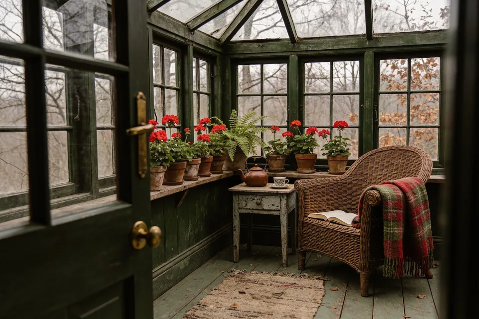 A small glassed-in sunroom seen through an open green door with a brass knob: old many-paned windows and a glass roof in deep green painted frames, a row of red geraniums in clay pots and a fern along a wooden sill, a brown teapot and a cup on a worn painted side table, a wicker armchair with an open book on its seat and a red and green plaid wool blanket over its arm, a rag rug on painted floorboards with a few fallen leaves, and bare autumn trees outside the glass