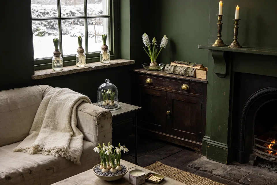 A deep moss green cottage sitting room in flat winter daylight with every Christmas decoration gone, a bare paned window at the left looking onto a snow-covered garden, three hyacinth bulbs sitting in clear glass forcing vases along a worn stone windowsill with thick white roots reaching down into the water and green shoots pushing up, a dark stained wood dresser against the far wall holding a shallow glass bowl of white hyacinths in flower, a stack of birch logs and a low wooden box, a green painted mantel to the right carrying two ivory tapers burning in aged brass candlesticks above a cast iron hearth with a small fire in it, a cream wool blanket with a fringed edge thrown over the arm of a worn pale linen sofa, a small clear glass cloche on a metal side table covering a dish of snowdrop bulbs set in grey pebbles, a second bowl of the same on the low table in the foreground beside a lit candle in a tin and an open box of matches, dark wooden floorboards and a jute rug