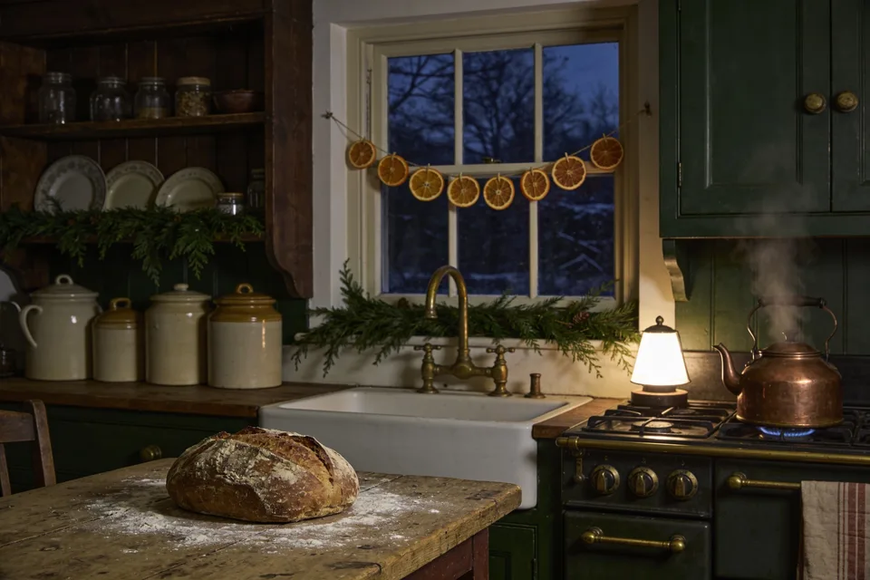 A kept cottage kitchen at December dusk — evergreen draped along the shelves of a dark wooden dresser above a row of cream stoneware crocks, a string of dried orange slices pegged on twine across the window over the white farm sink, a floury loaf cooling on the scrubbed table, and a copper kettle steaming on the green enamel stove beside one small lit lamp