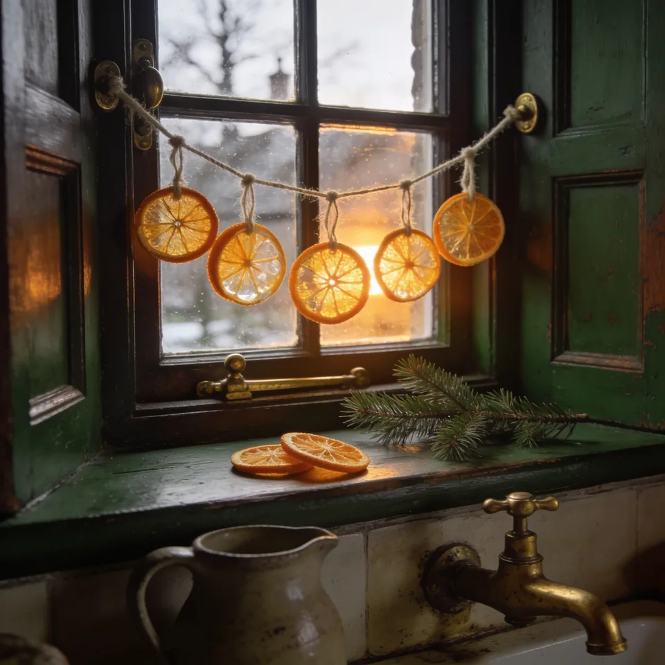 Thin dried orange slices hung on twine across a green-framed kitchen window, low December sun coming through them like amber, a pine sprig and a few loose slices on the painted sill, a stoneware jug and a worn brass tap below