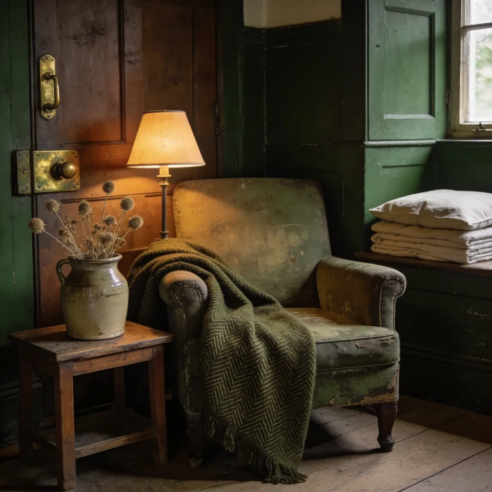 A worn green armchair in a dark paneled corner, a moss-green herringbone wool blanket draped over one arm, a small lamp lit on a stand by the door, a stoneware jug of dried seed heads on an old wooden stool, and washed white linens folded on the bench under the window