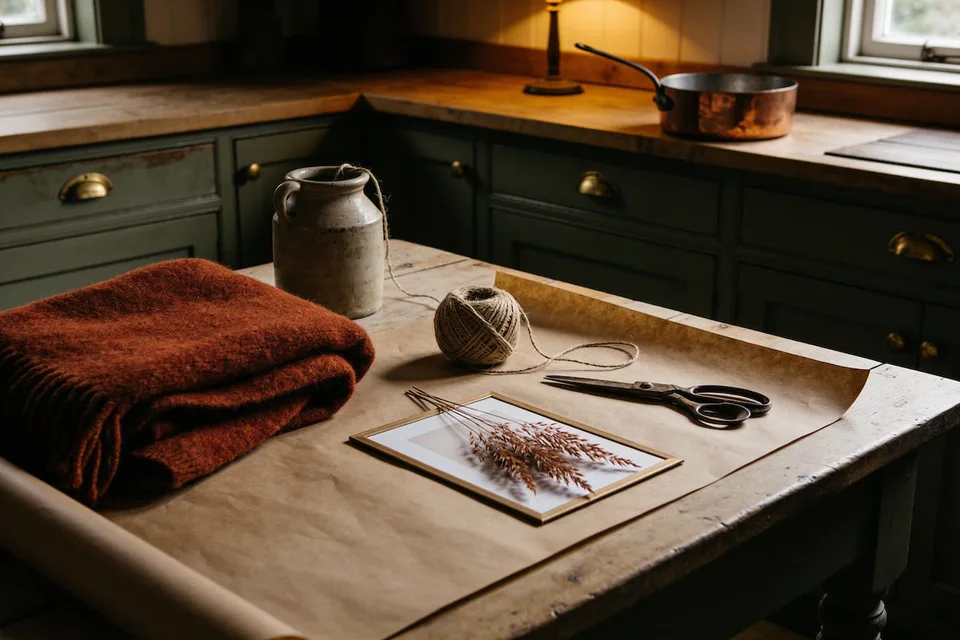 A kitchen worktable mid-wrapping in evening lamplight — a roll of brown paper across the boards, a folded rust-red wool blanket with fringe, a ball of jute twine and black iron scissors, a small gold-framed study of dried bronze grasses lying face-up on the paper, a stoneware jug behind, and a copper saucepan on the counter beyond deep green cupboards