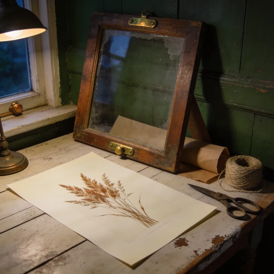A botanical study of dried bronze grasses on heavy cream paper lying flat on a scrubbed pale table, an old wooden frame with clouded glass propped behind it, a roll of brown paper, a spool of jute twine and iron scissors at its edge, under a small lamp by the evening window