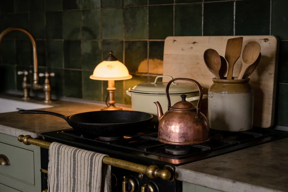 A kept cottage kitchen at evening under one small warm lamp — a black cast-iron skillet and a copper kettle gone rosy with handling on the stove, a cream enameled Dutch oven behind them, wooden spoons standing in a stoneware crock against a pale scrubbed board, a striped linen towel over the brass oven rail, deep green tiles and aged brass taps behind