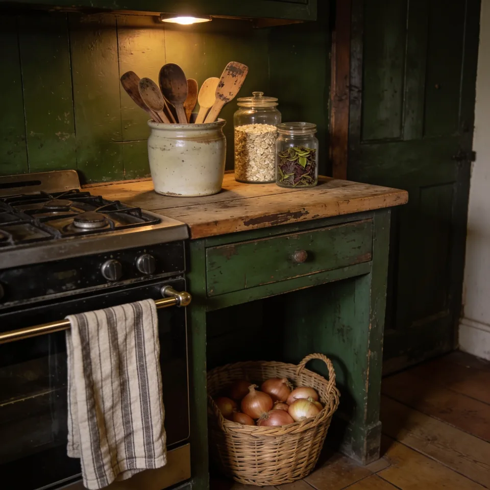 A salt-glazed stoneware crock of worn wooden spoons on a scrubbed wooden counter beside glass jars of oats and dried tea, a striped linen towel on the brass oven rail, and a willow basket of onions on the floor below, in low warm light against green-painted boards