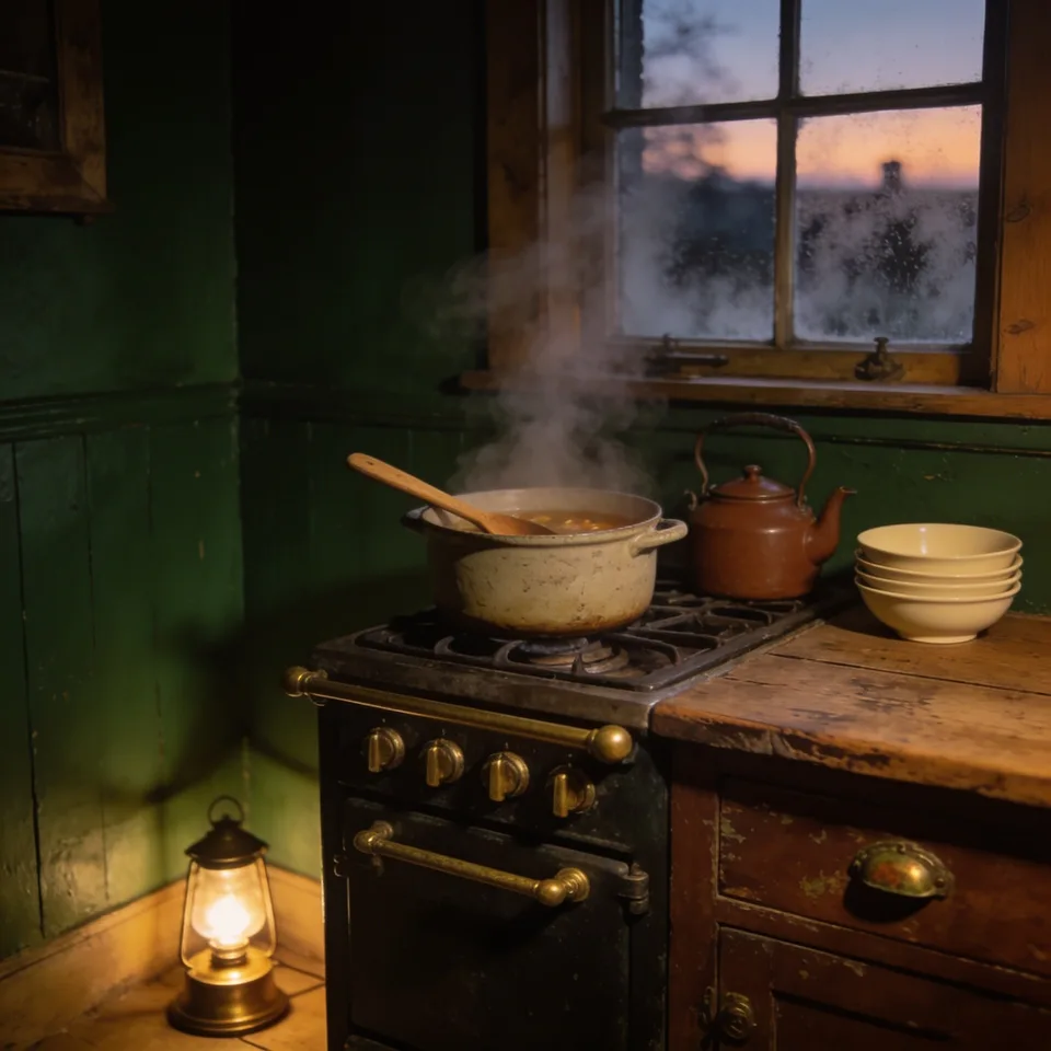Steamed-over cottage kitchen window at dusk, a stoneware pot simmering with a wooden spoon across the rim, brown kettle and stacked cream bowls on the counter, a small lamp lit low in the corner