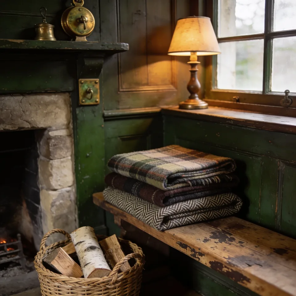 Folded plaid and herringbone wool throws stacked on a worn oak bench beside a stone hearth, split birch in a woven log basket, a small lamp lit against the window