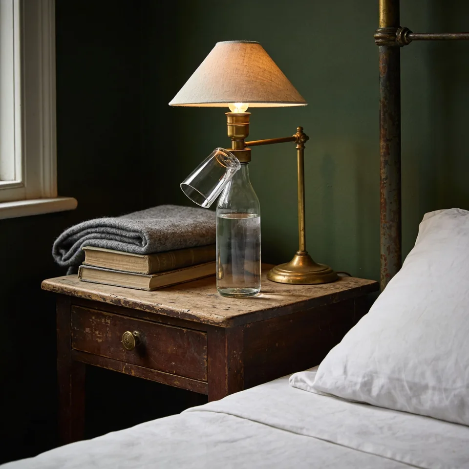 A worn pine bedside table with a brass knob, holding a lit brass swing-arm lamp with a linen shade, a plain glass bottle of clear water with a tumbler tipped upside down over its mouth, and a folded grey wool blanket resting on two clothbound books, beside an iron bed made up in white linen against a deep green wall