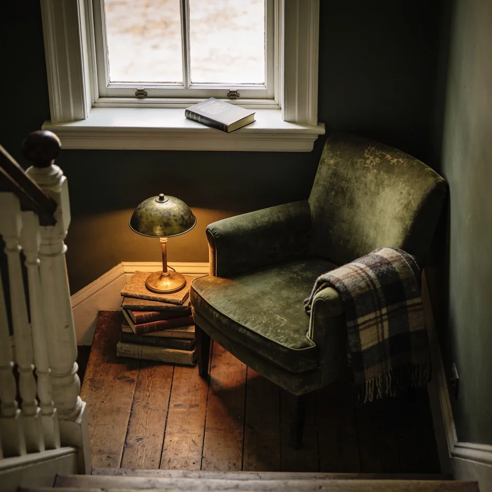 A small armchair with worn moss-green velvet tucked into a stair-landing corner, a plaid wool throw over one arm, a lit brass lamp standing on a stack of old clothbound books, a book resting on the deep white windowsill
