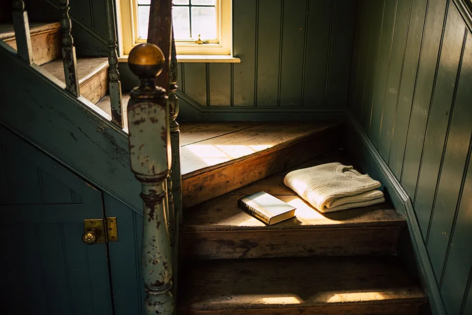 A clothbound book and a folded cream wool sweater resting on a sunlit stair landing, low golden light through a small window across worn painted banisters and aged pine treads