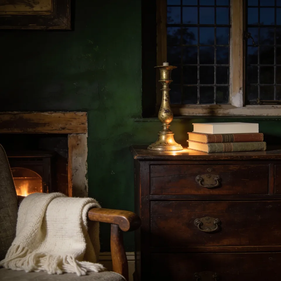 A deep green-black sitting room wall at night, a worn brass candlestick and stacked clothbound books on a dark oak dresser, a cream wool throw over a chair arm, low firelight catching the brass