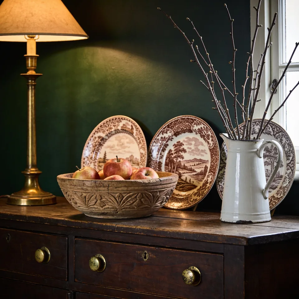 A carved wooden bowl holding russet apples on the dark oak dresser, a chipped white jug of cut branches beside it, three brown transferware plates with different scenes leaned against the deep green wall behind, warm in low brass lamplight