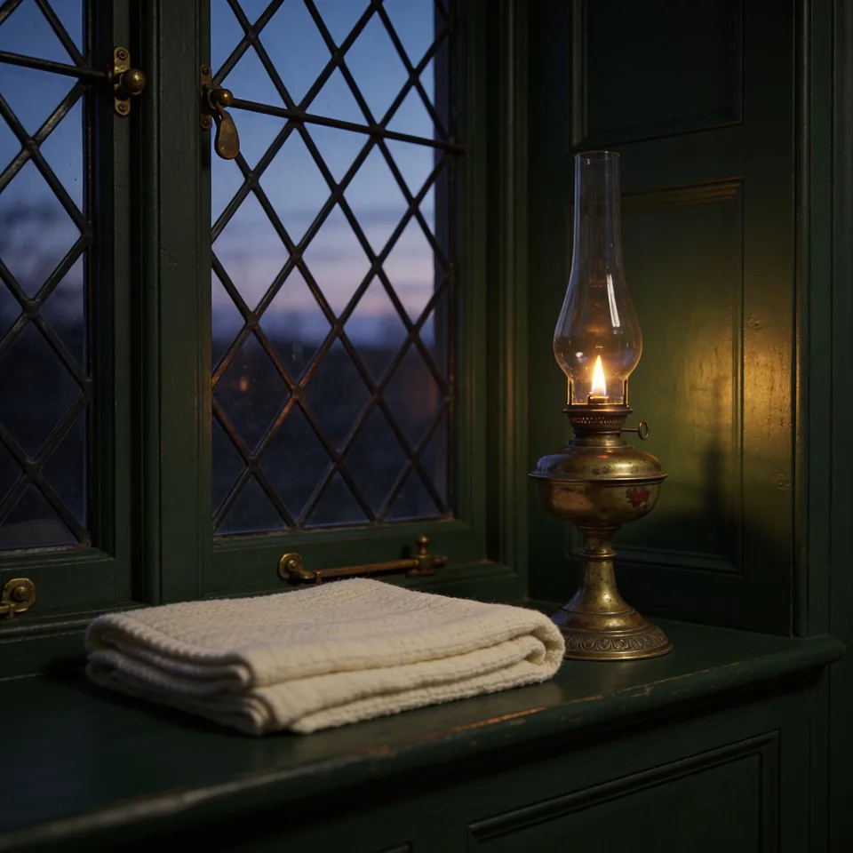 A lit brass oil lamp with a trimmed wick on a deep windowsill at dusk, its glass chimney clear and freshly filled, a worn cream wool blanket folded on the sill beside it, dark leaded panes behind and the deep green wall catching the flame's low glow