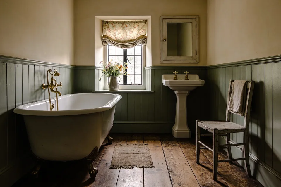 A small English cottage bathroom in soft daylight, with sage green tongue-and-groove boards to shoulder height under warm cream walls, a white roll-top bath on brass claw feet at the left with brass taps and a hand shower on the wall, a small paned window with a faded floral blind drawn half up and a white jug of wildflowers on its deep sill, a white pedestal basin with two brass cross-head taps below a painted wooden wall cupboard with a mirrored door, an old painted wooden chair with a linen towel over its back, and a small woven rug on wide worn floorboards