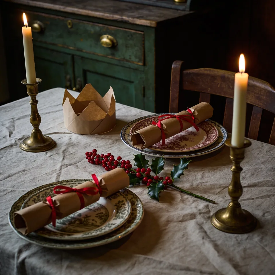 A cottage Christmas table by candlelight — homemade crackers wrapped in brown paper and tied with red ribbon lying on mismatched vintage transferware plates, a plain paper crown standing open on the creased linen cloth, a stem of red-berried holly laid between the settings, and two lit ivory tapers in worn brass candlesticks