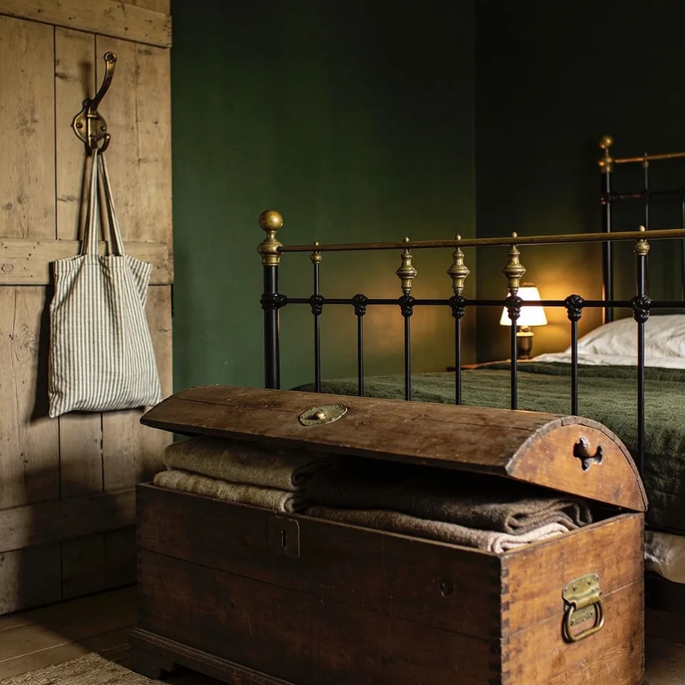 An old dome-lidded wooden chest at the foot of a black iron bed with brass finials, propped open on folded wool blankets, a ticking-stripe laundry bag hanging from a brass hook on the plank door beside it, deep green walls and a small lit lamp beyond