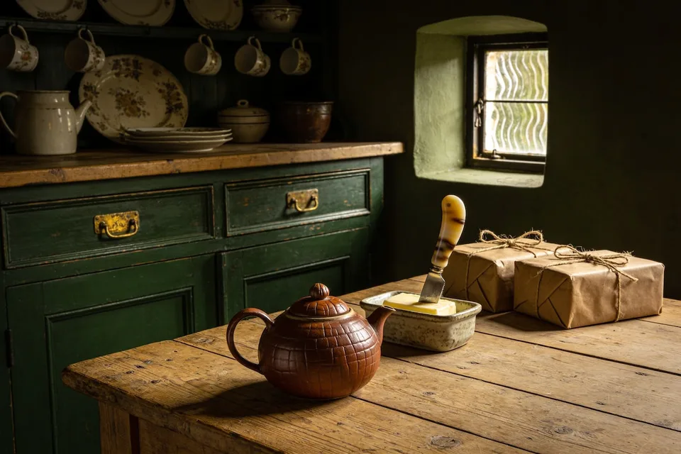A round brown teapot on a scrubbed pine table in an English cottage kitchen, a horn-handled knife standing in the butter dish beside two brown-paper parcels tied with jute, a deep green dresser of floral crockery with worn brass pulls behind, and low light through a small deep-set window with wavy old glass