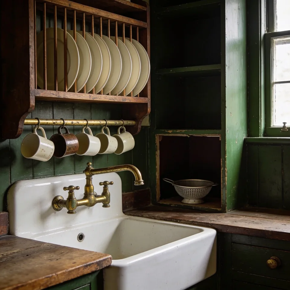 Wooden plate rack above a white ceramic sink with brass taps, cream plates standing on edge, mugs hung from a brass rail beneath, deep green painted walls in soft window light