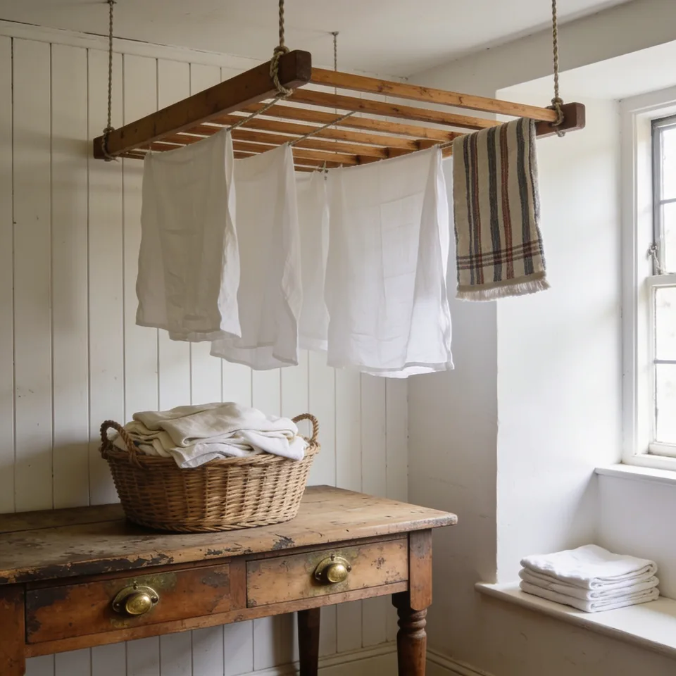 A wooden clothes airer lowered on its ropes, pine laths hung with white linen and a fringed plaid towel, above a scrubbed wooden table with worn brass cup pulls holding a wicker basket of folded linen, chalk-white painted boards behind and a stack of folded white linen on the sill beyond