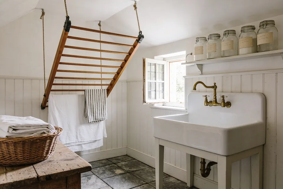 A small cottage laundry room in soft morning light — chalk-white painted boards to shoulder height over worn stone flags, a wooden clothes airer hoisted on ropes hung with white linen and one striped towel, a deep white sink on its painted stand beneath a shelf of hand-labeled glass jars, a small paned window standing open, and a wicker laundry basket of folded linen on a scrubbed wooden table