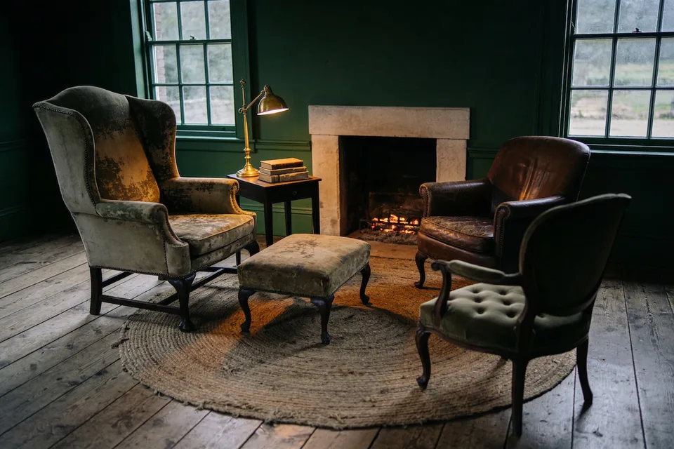 Three mismatched armchairs — a worn velvet wing chair, a leather club chair, a small buttoned open-arm chair — gathered toward a low fire in a pale stone fireplace, deep green walls, a lit brass lamp and stacked books on a small dark table, a footstool on a round woven rug over wide floorboards