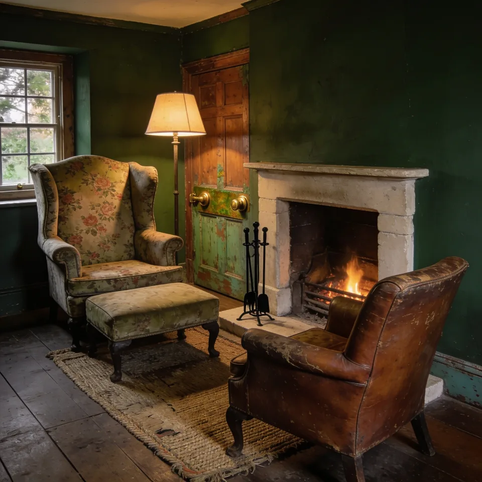 Two chairs that never met before this room — a high-backed wing chair in faded floral and a smaller leather armchair worn pale at the arms — angled toward a low fire in a pale stone fireplace, black iron tools standing on the hearth, a footstool between them on a worn flat-woven rug, a floor lamp lit beside a green-painted door