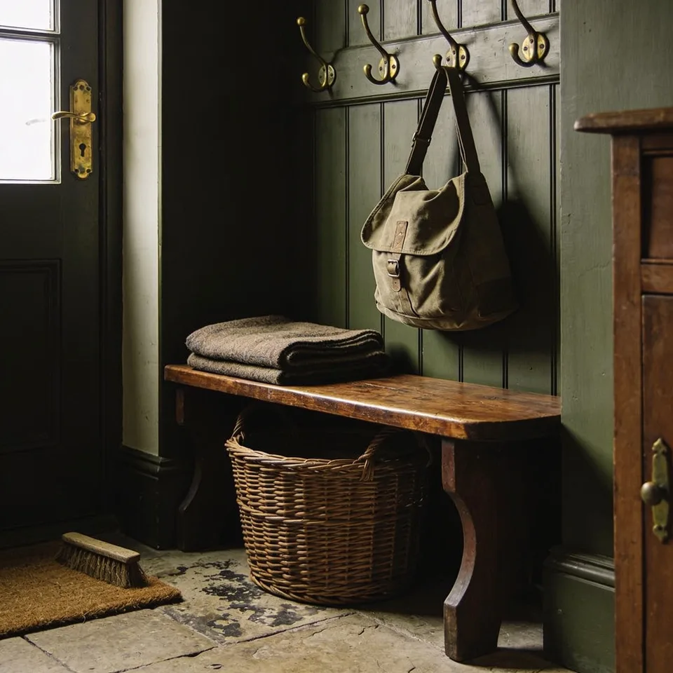 A low oak bench in a cottage boot room with two folded wool blankets on it, a canvas satchel hanging from aged brass hooks on the deep green panelling above, a willow basket tucked beneath, and a coir mat with a wooden brush by the door on worn stone