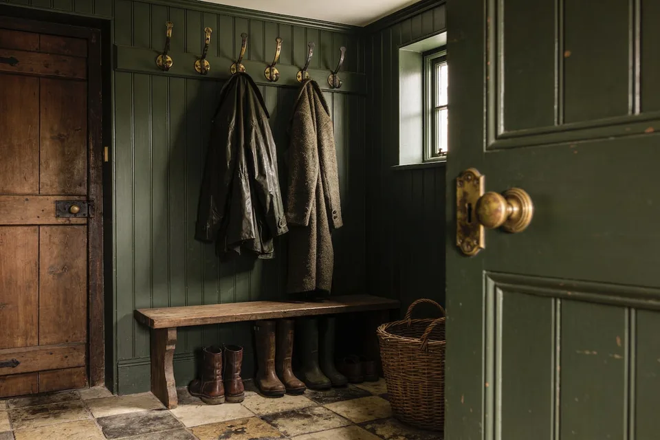 An English cottage mudroom in deep green beadboard, seen past its green door with a worn brass knob — a row of aged brass hooks holding a waxed jacket and a heavy wool coat, leather boots and wellingtons lined beneath a plain wooden bench on worn stone flags, and a willow basket in low window light