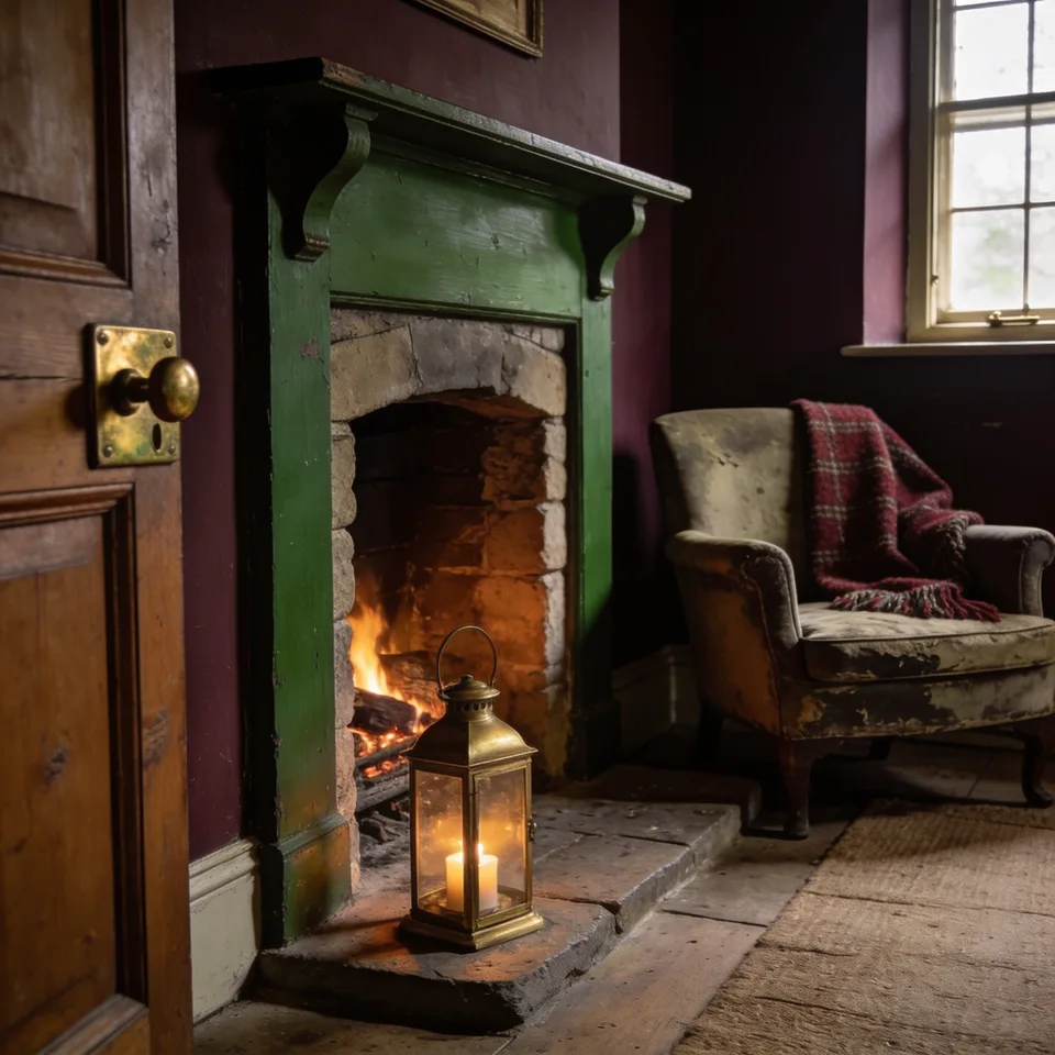 Hearth corner at evening — a small fire lit in a green-painted stone fireplace, a brass candle lantern on the hearthstone, a worn armchair with a red wool throw against deep plum walls